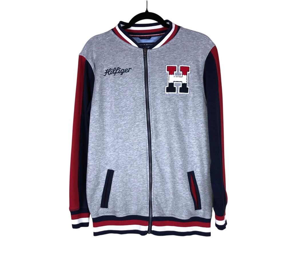 Tommy Hilfiger Varsity Jacket Boys XL 20 Gray Navy Letterman Zip Up Winter